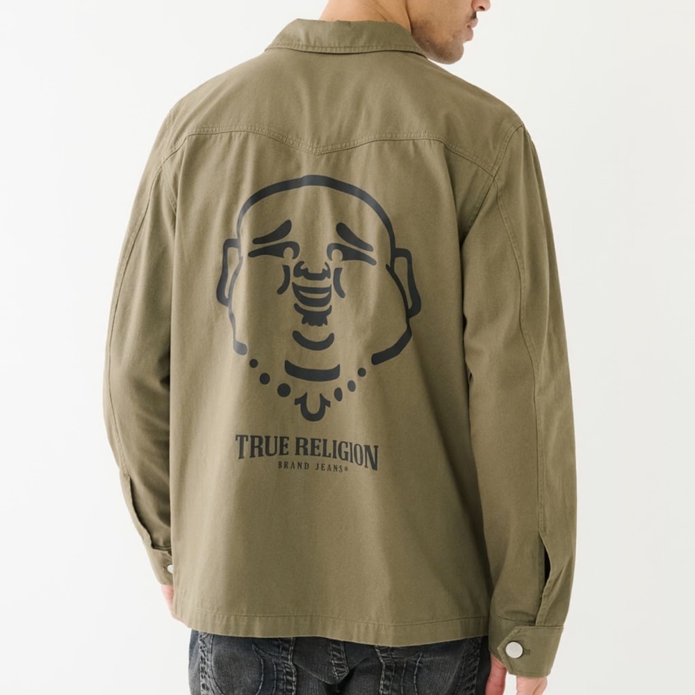 True Religion Men S Olive Green Casual Button Front Buddha Logo Military Jacket